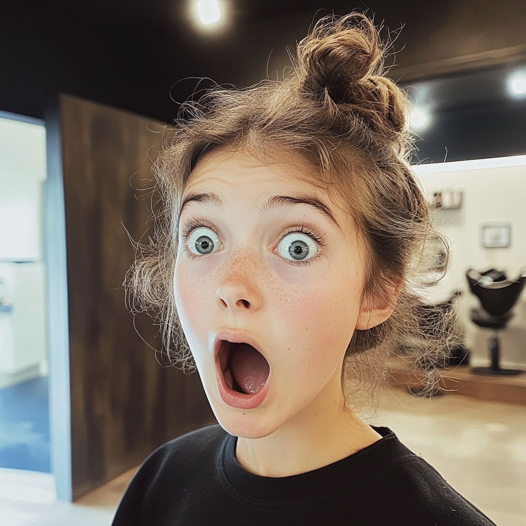 Une jeune fille choquée dans un salon de coiffure | Source : Midjourney