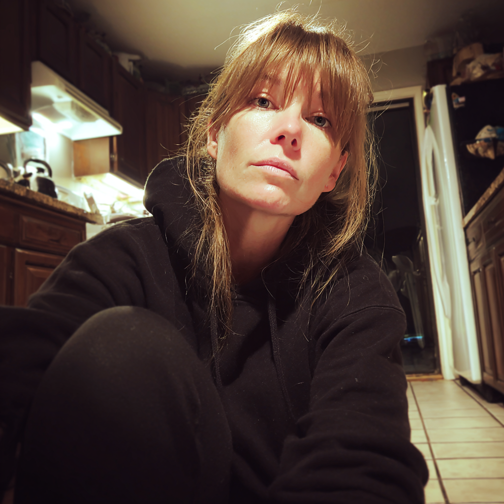 Une femme assise sur le sol d'une cuisine la nuit | Source : Midjourney
