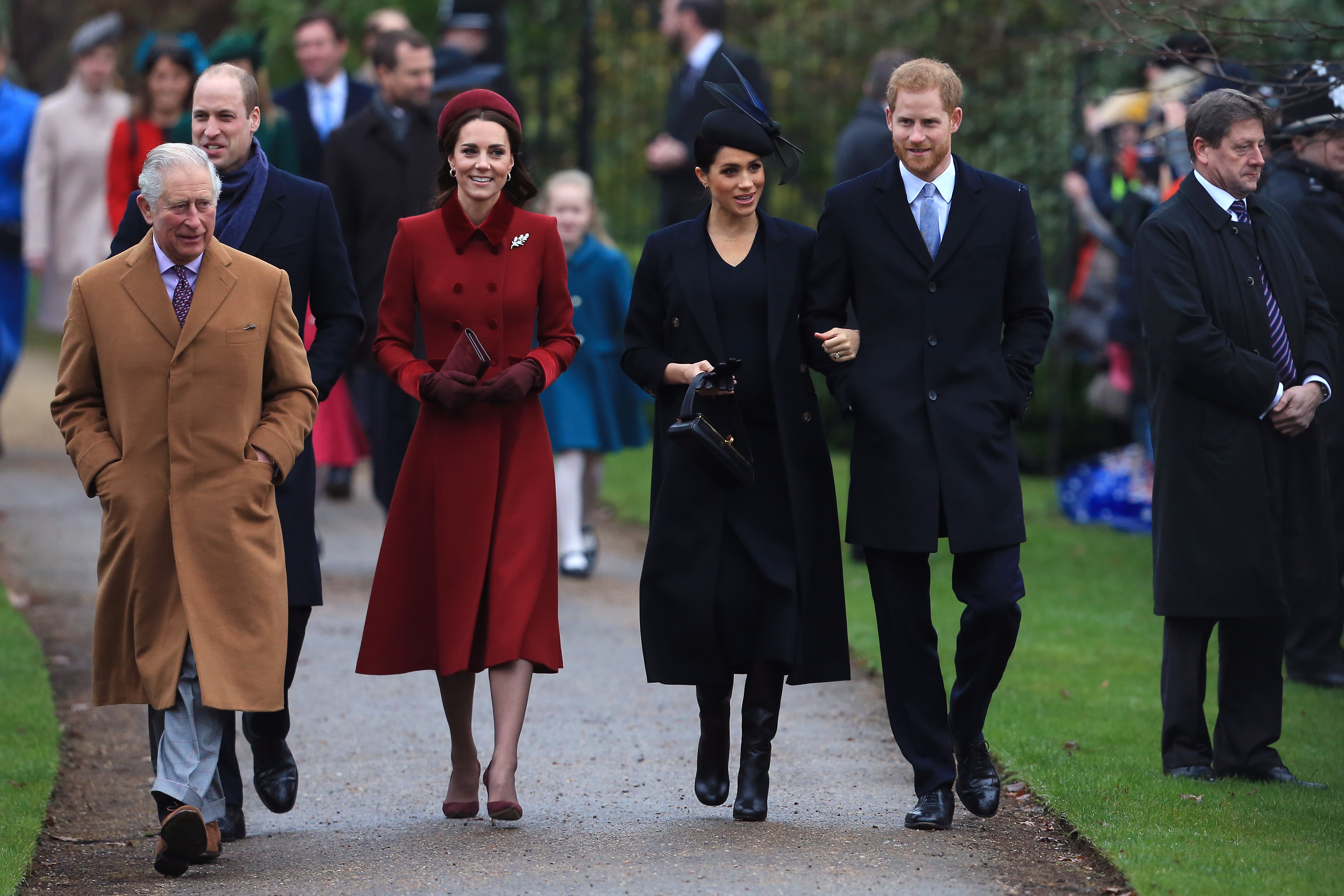 Le roi Charles, le prince William, Catherine, Meghan et le prince Harry assistent au service religieux du jour de Noël, le 25 décembre 2018 à King's Lynn, en Angleterre | Source : Getty Images