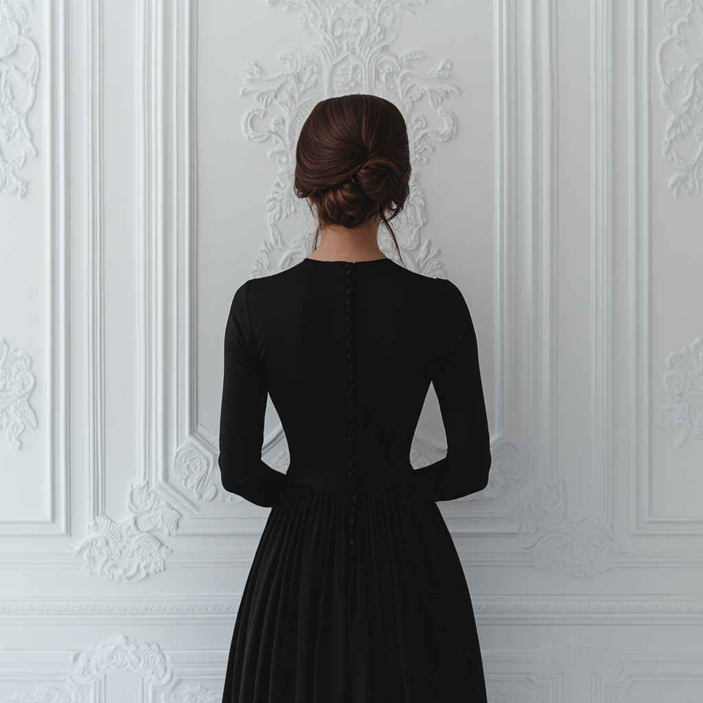 Une vue de dos d'une femme en robe noire | Source : Midjourney