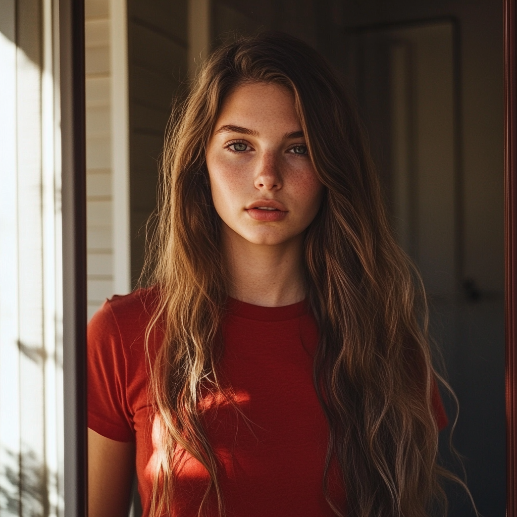 Une femme portant un t-shirt rouge debout dans l'embrasure d'une porte | Source : Midjourney