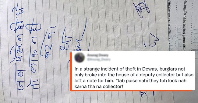 Une photo d'une note avec une capture d'écran superposée décrivant ce que le voleur a écrit et laissé au domicile d'un Adjoint au recouvrement. | Photo : twitter.com/Anurag_Dwary