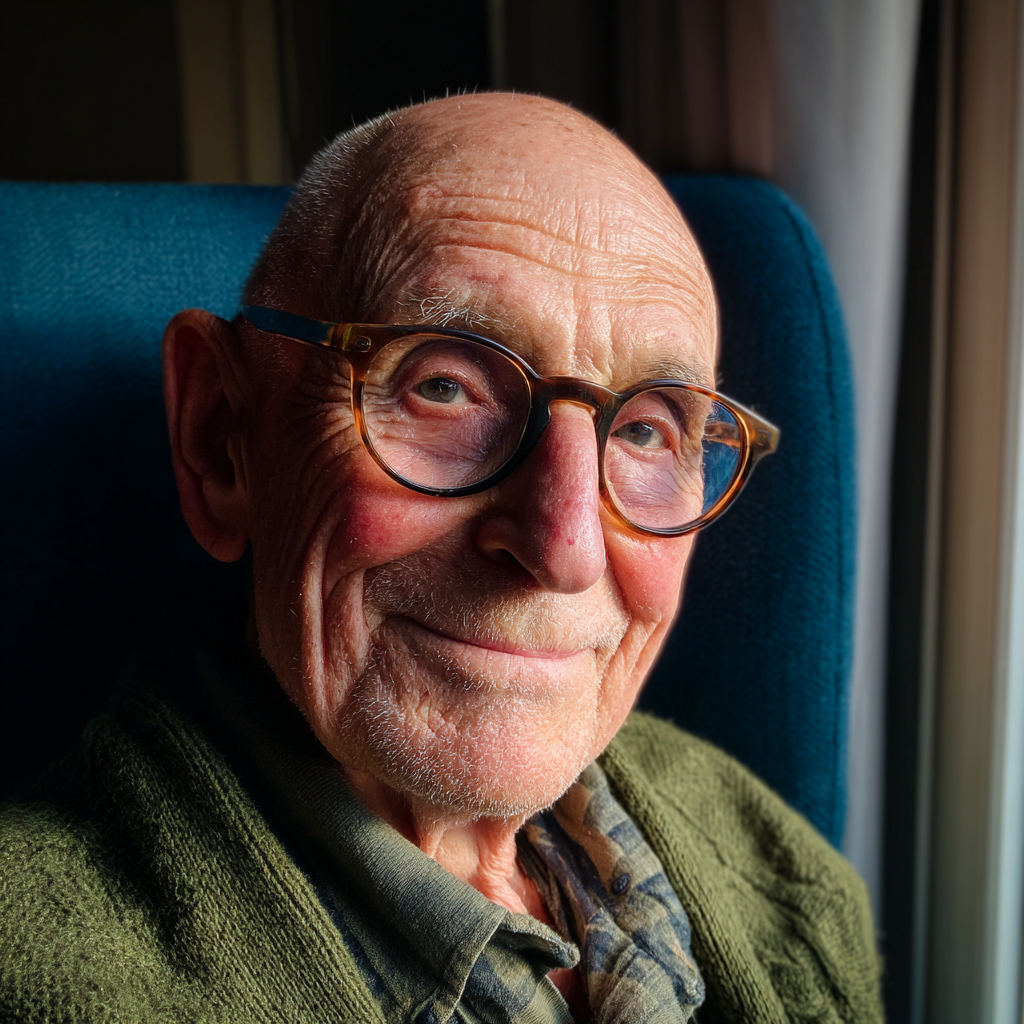Un vieil homme souriant assis sur un fauteuil bleu | Source : Midjourney
