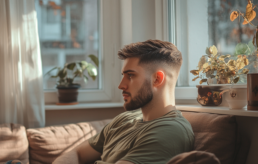 Un homme en détresse assis sur le canapé | Source : Midjourney