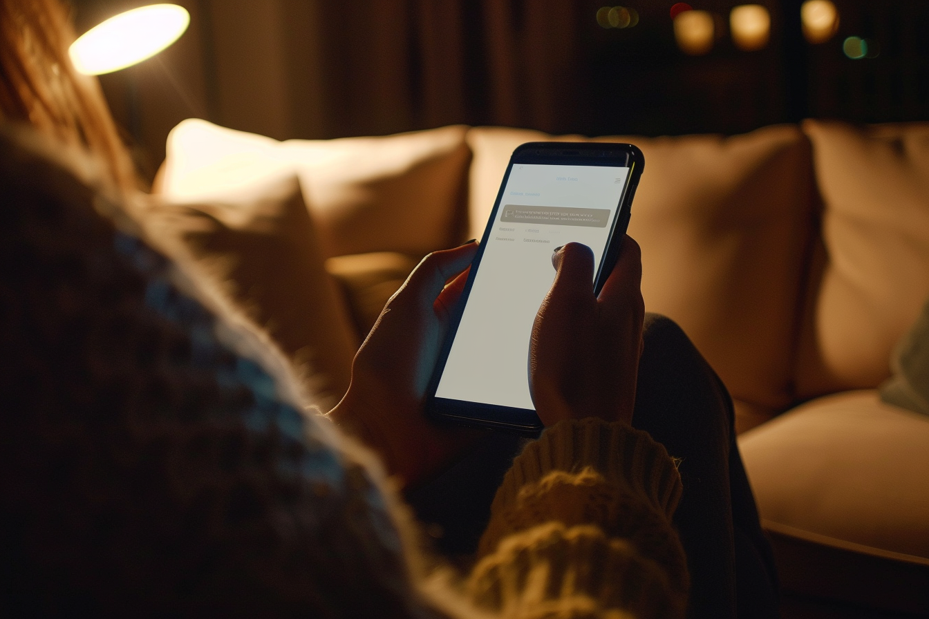 Une femme lisant un message sur son téléphone | Source : Midjourney