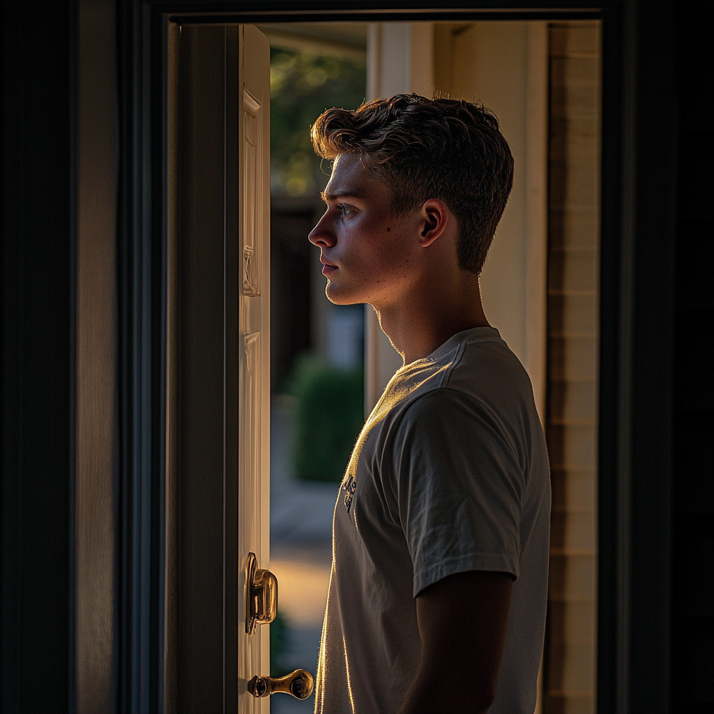 Un jeune homme sérieux qui ouvre sa porte | Source : Midjourney