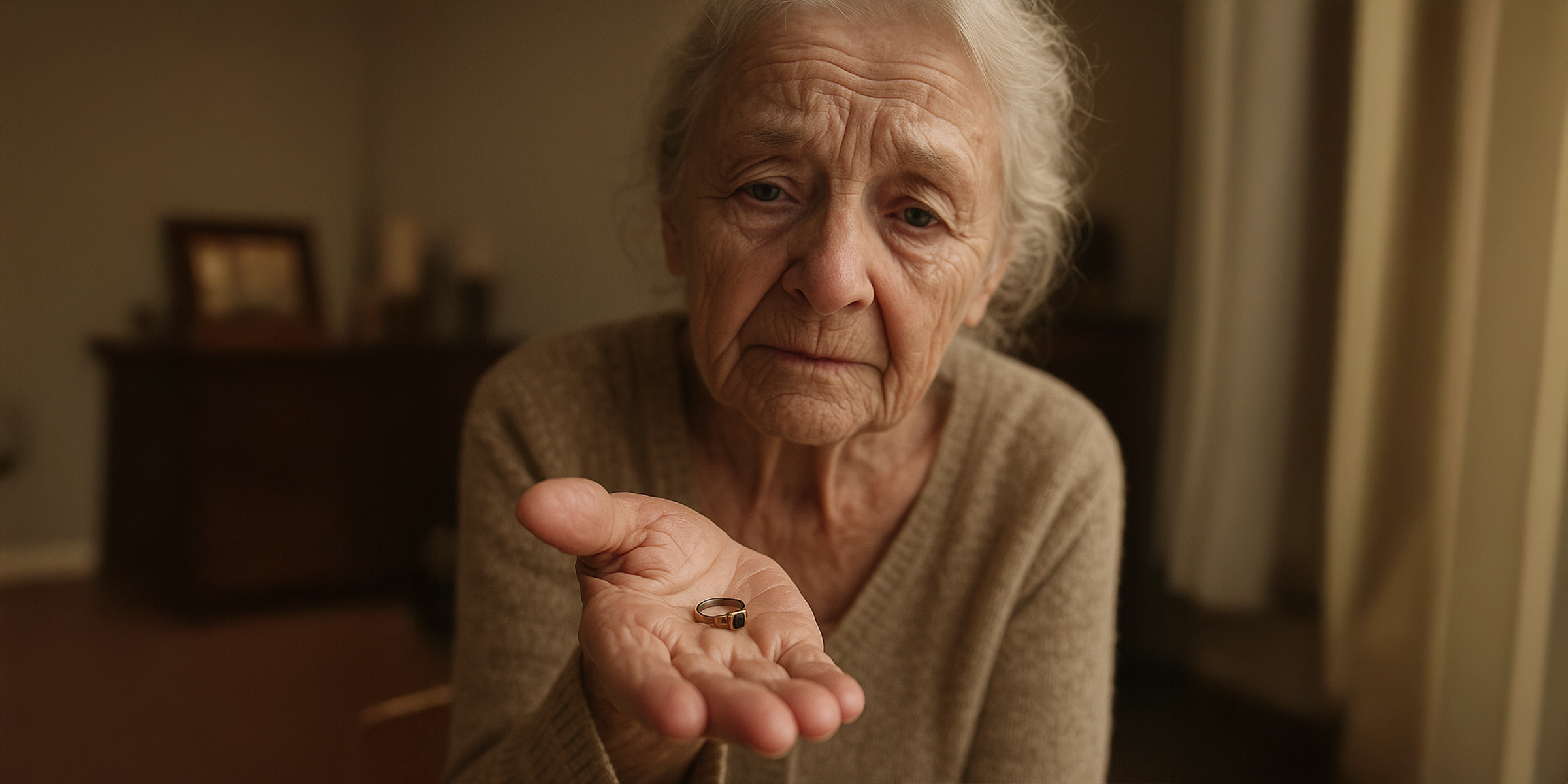 Une vieille dame avec une bague dans sa paume | Source : Sora
