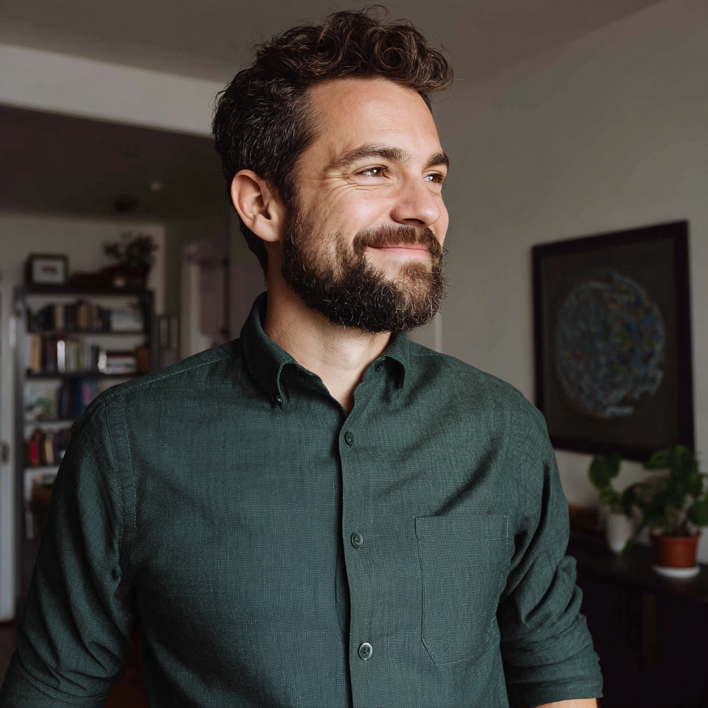 Un homme souriant debout dans un appartement | Source : Midjourney