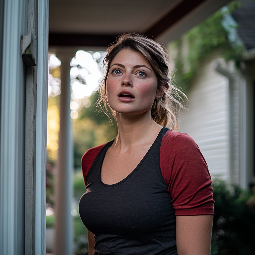 Une femme surprise se tenant devant une maison | Source : Midjourney