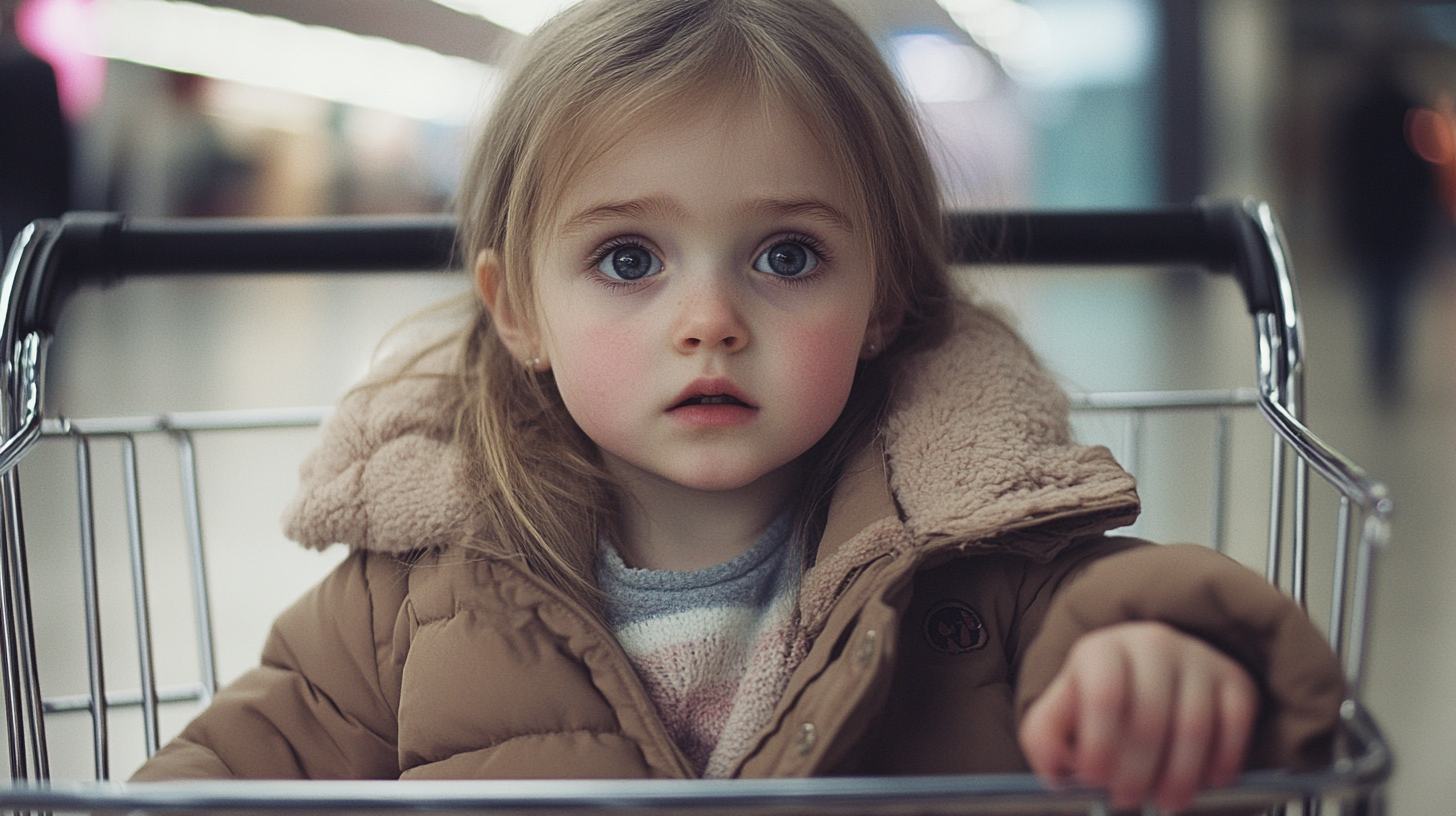 Petite fille assise dans un caddie | Source : Midjourney