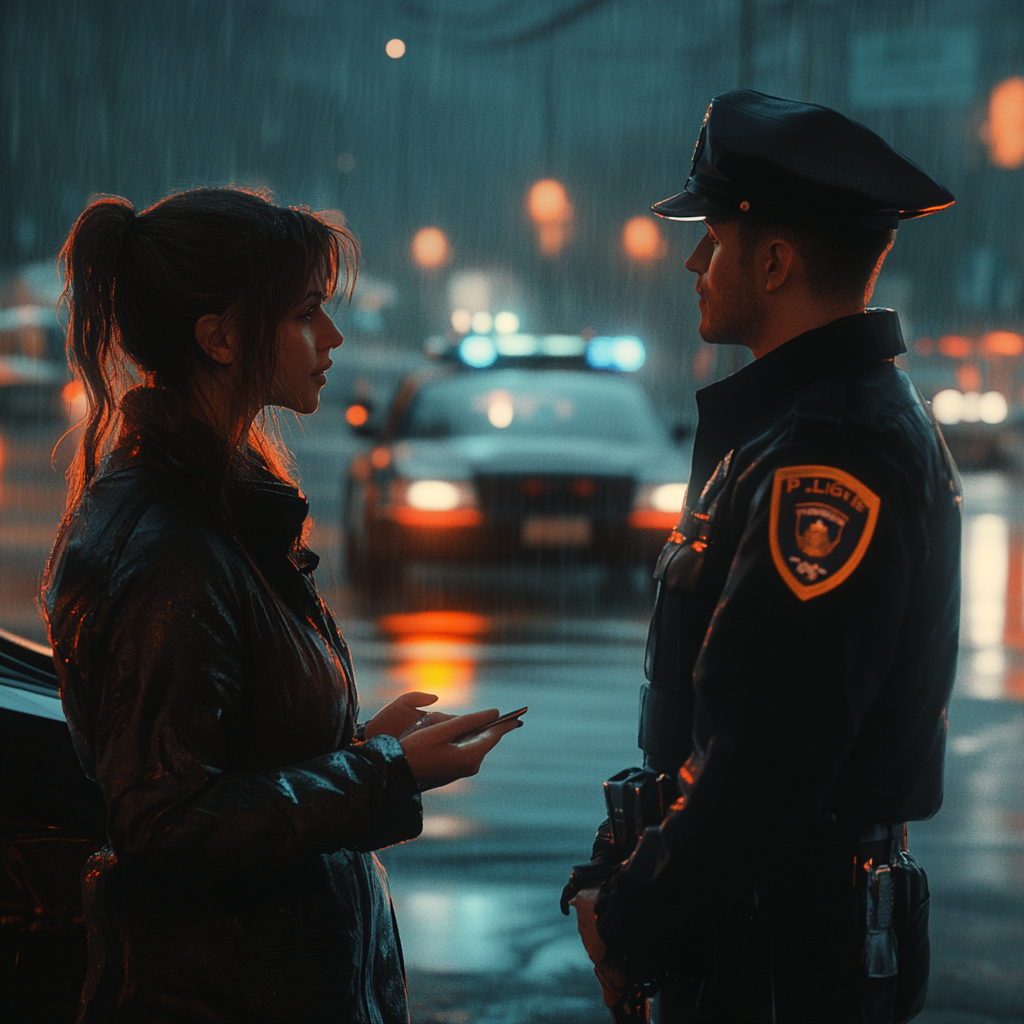 Femme parlant à un officier de police | Source : Midjourney