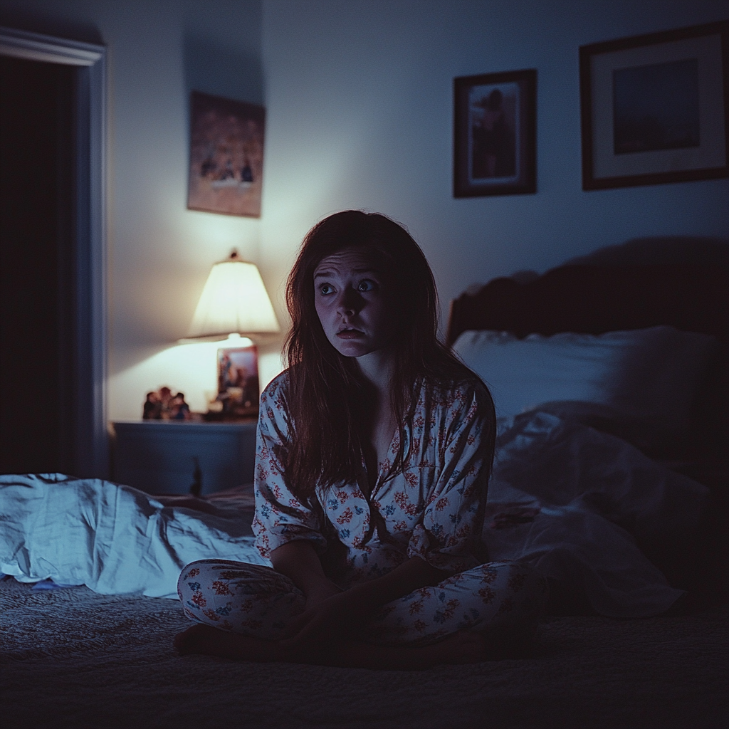 Une femme choquée assise dans son lit | Source : Midjourney