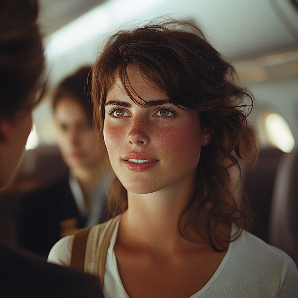 A woman talks to a flight attendant | Source: Midjourney