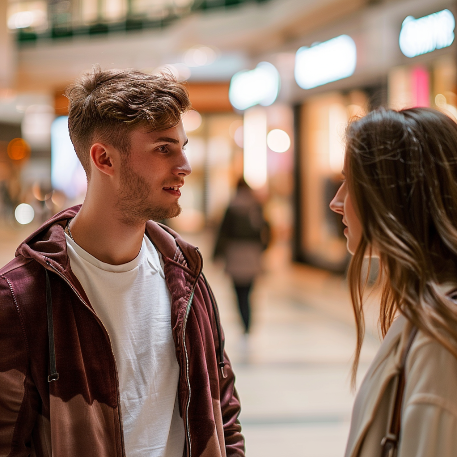 Un homme parle à une femme dans un centre commercial | Source : Midjourney