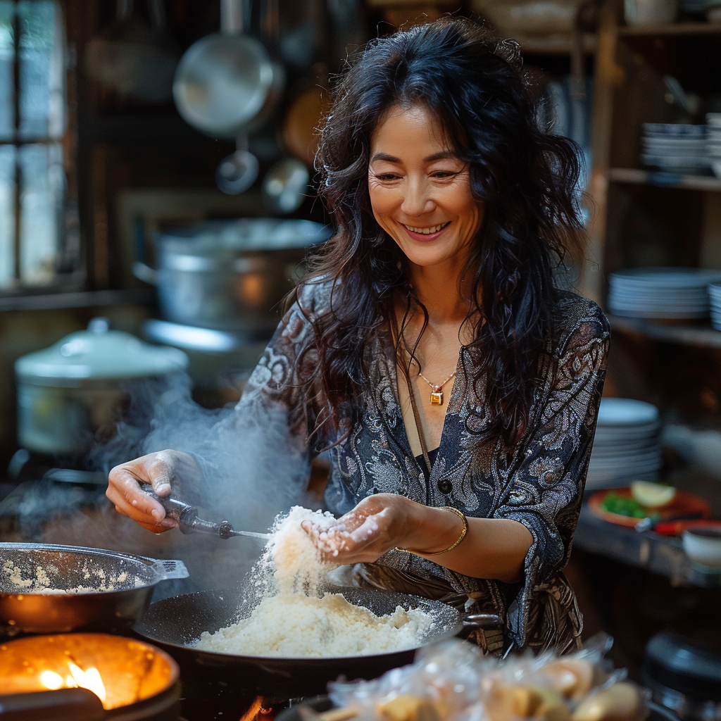 Femme asiatique d'âge moyen cuisinant du riz | Midjourney