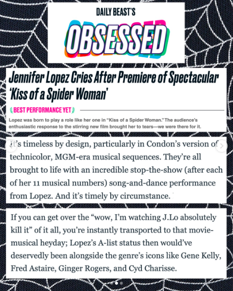 La critique élogieuse que Jennifer Lopez a reçue pour son rôle dans "Kiss of the Spider Woman". | Source : Instagram/jlo