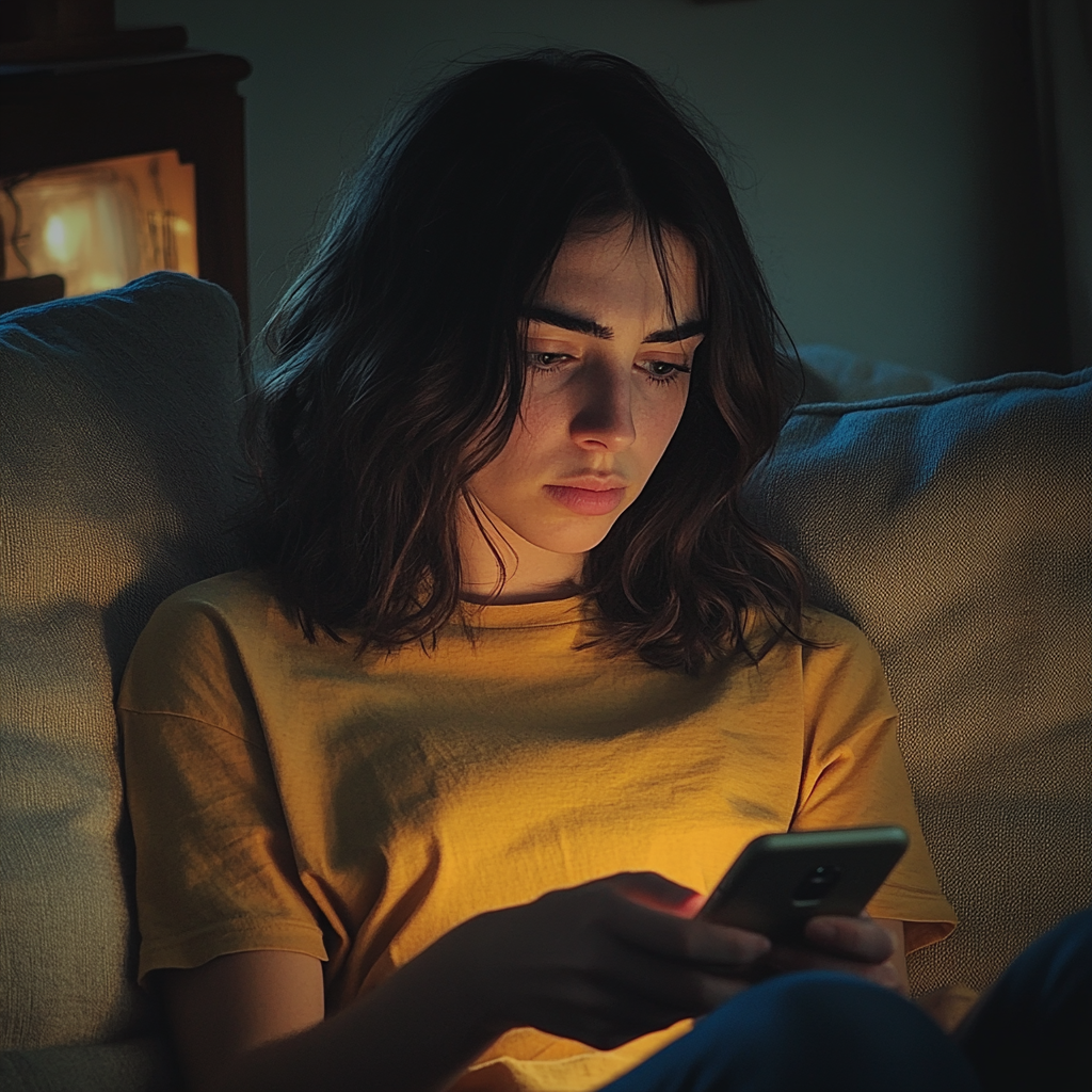 Une femme assise sur un canapé et utilisant son téléphone | Source : Midjourney