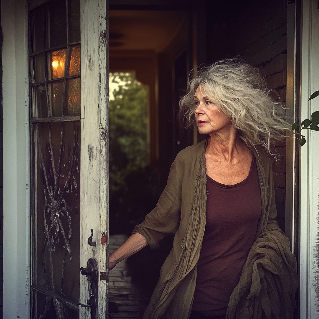 An elderly woman exiting a front door | Source: Midjourney