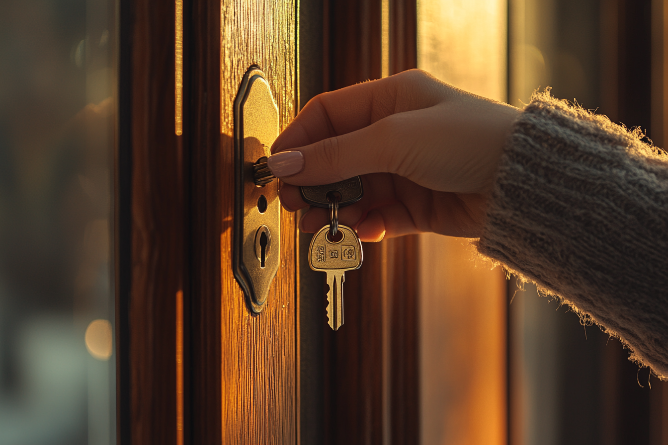 La main d'une femme tient les clés dans la serrure d'une porte d'entrée | Source : Midjourney