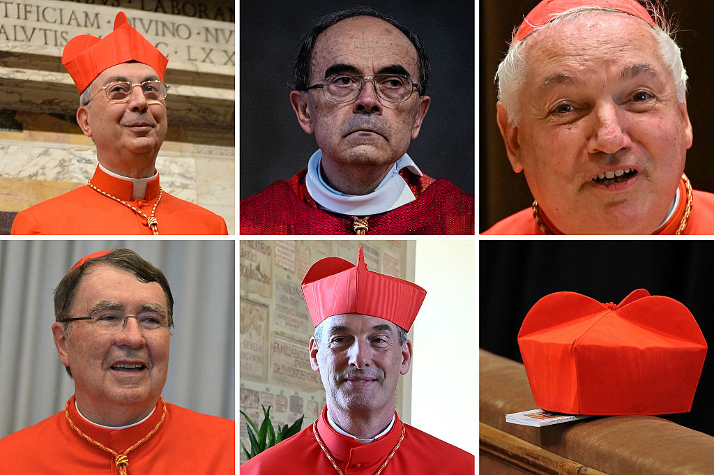Cette combinaison d'images montre les cardinaux français qui seront appelés en conclave pour élire le successeur du pape François, (de gauche à droite) Dominique Mamberti, Philippe Barbarin, Jean-Marc Aveline, Christophe Pierre et François-Xavier Bustillo. | Source : Getty Images
