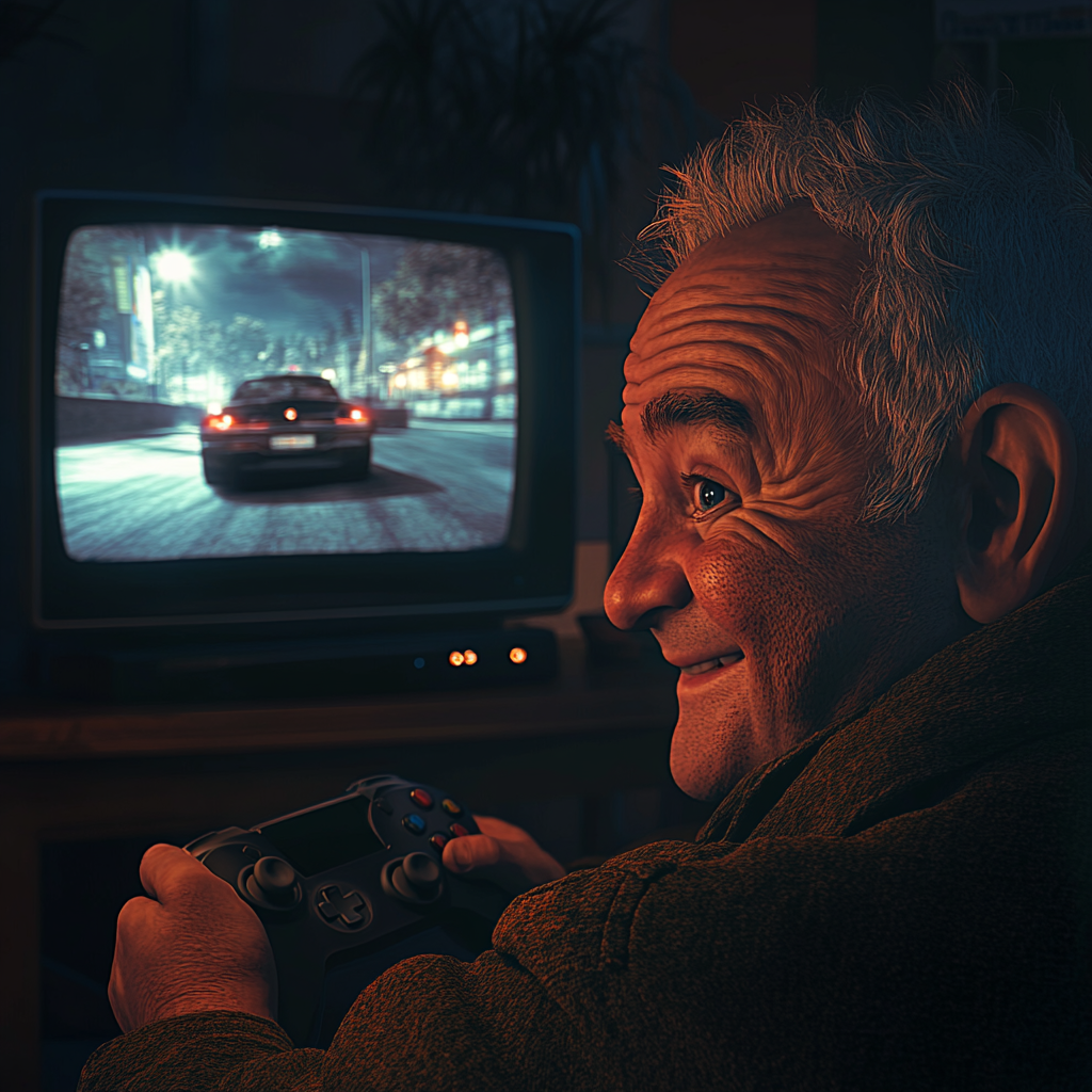 Photo nostalgique d'un homme âgé et joyeux jouant à un jeu vidéo | Source : Midjourney