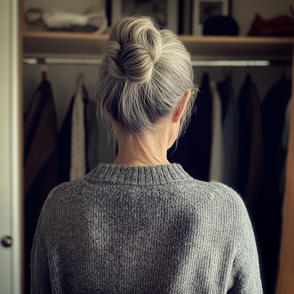 An elderly woman standing in front of a dressing room | Source: Midjourney