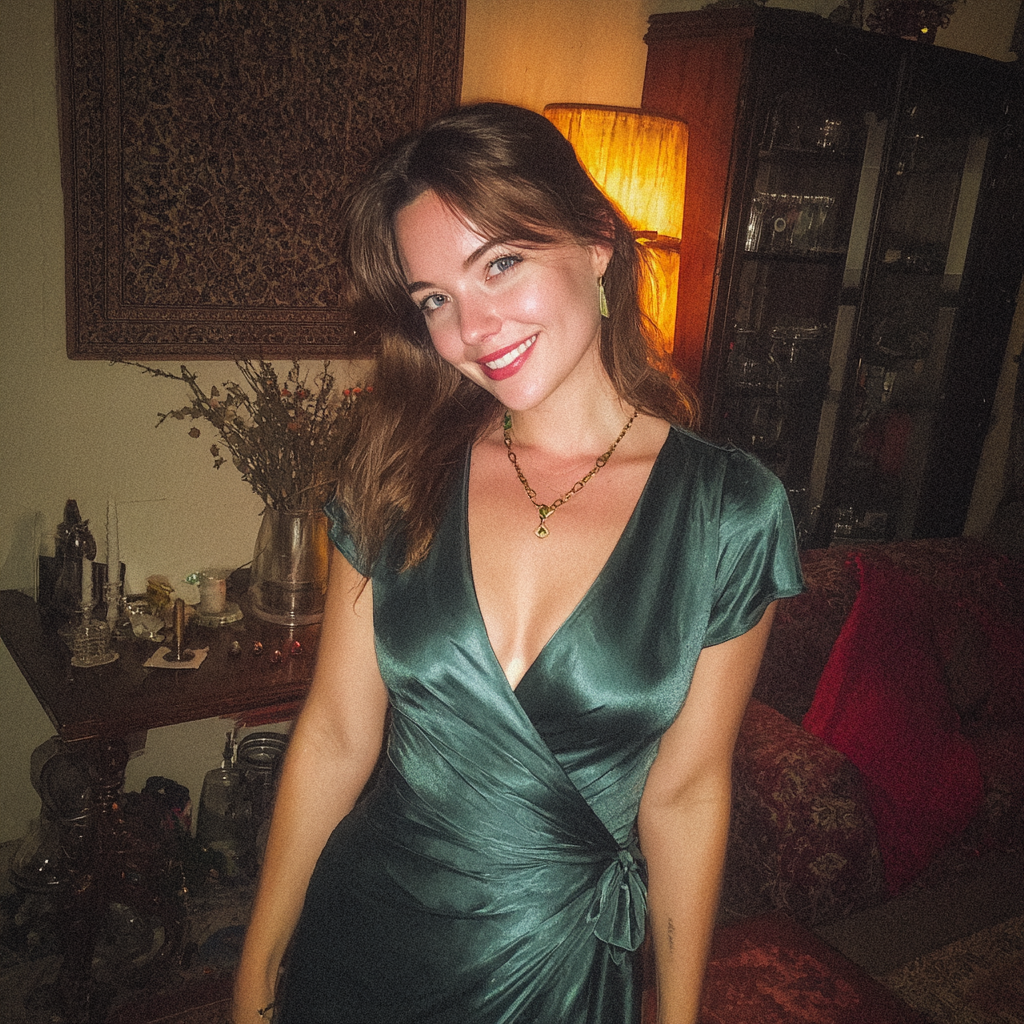 Une femme souriante portant une robe de soie verte | Source : Midjourney