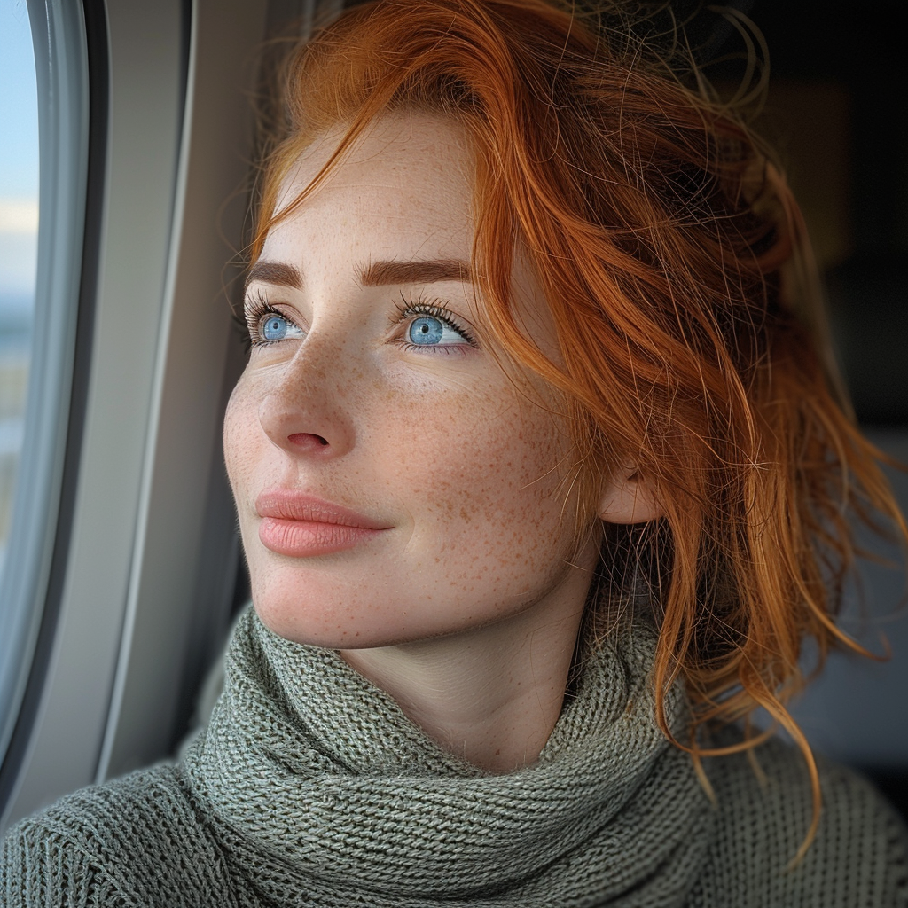 Jenna pleine d'espoir dans un avion | Source : Midjourney