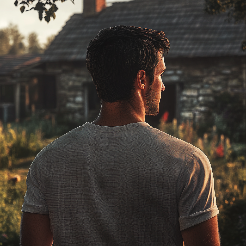 Un homme debout à l'extérieur d'un chalet | Source : Midjourney