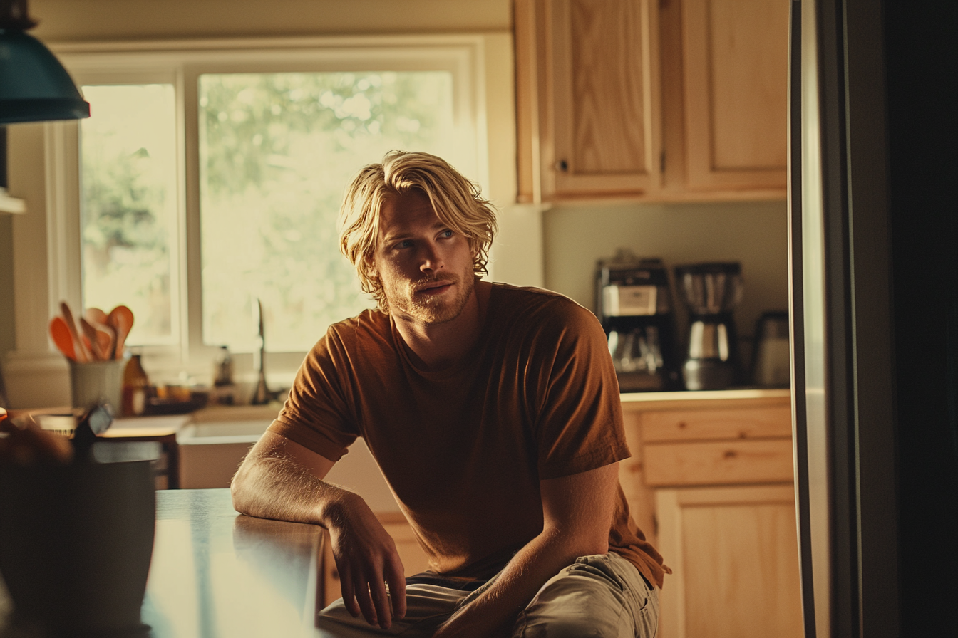 Un homme blond à l'air pensif assis à une table de cuisine | Source : Midjourney