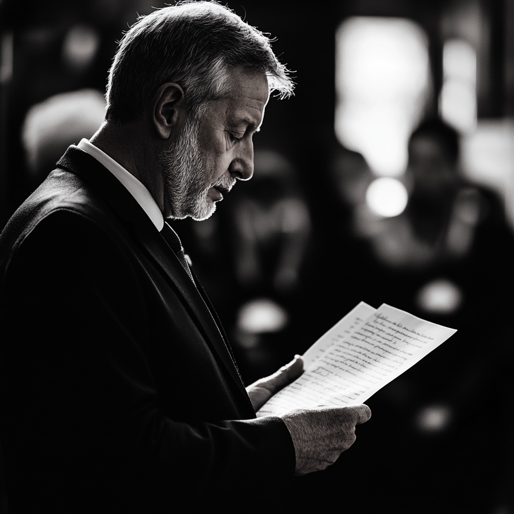 Homme âgé lisant une lettre lors d'un enterrement | Source : Midjourney