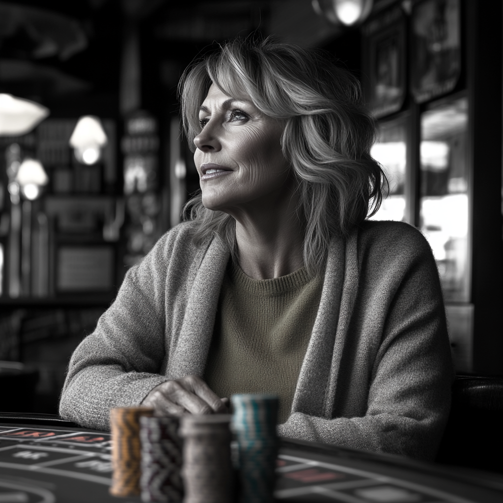 Photo en niveaux de gris d'une femme âgée assise dans un casino avec des jetons de jeu posés sur sa table | Source : Midjourney