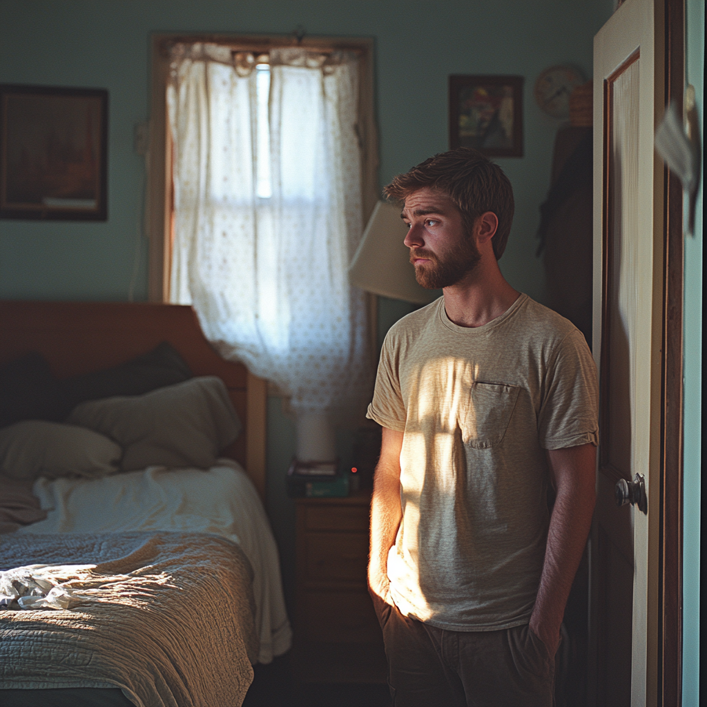 Un homme debout dans une chambre à coucher | Source : Midjourney
