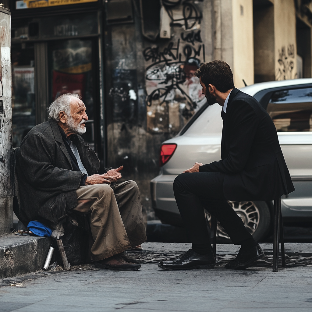 Des hommes discutent dans la rue | Source : Midjourney