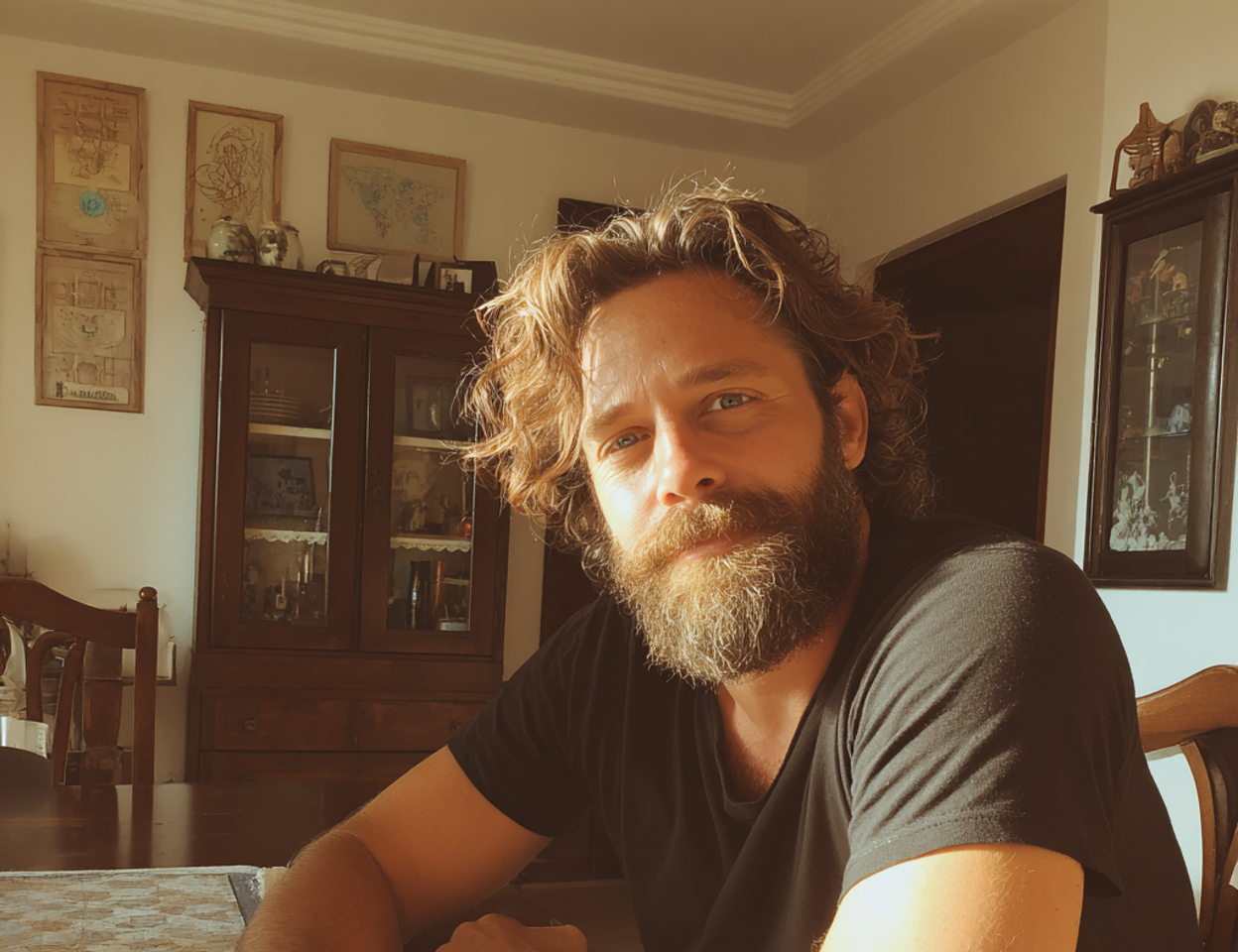 Un homme amusé assis à une table à manger | Source : Midjourney