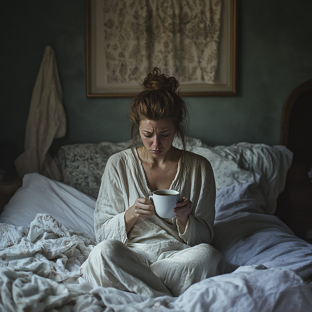 Une femme bouleversée assise sur son lit | Source : Midjourney