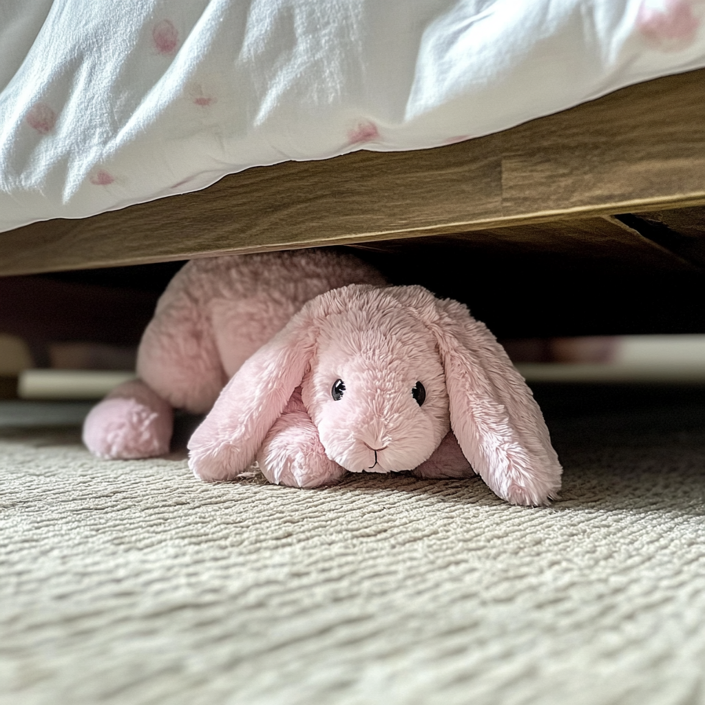 Un lapin en peluche rose sous un lit | Source : Midjourney