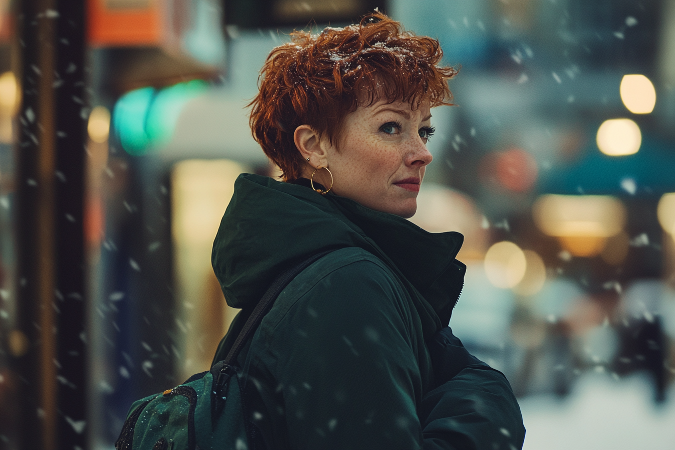 Woman in her thirties tightening her winter coat on the street | Source: Midjourney