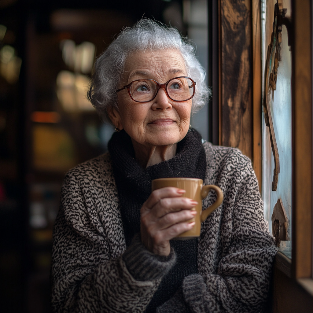 Une femme âgée heureuse qui sirote un café | Source : Midjourney