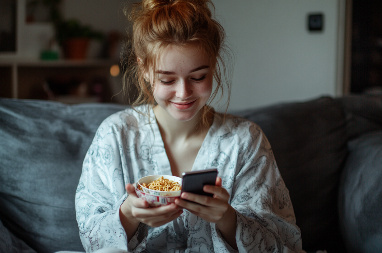 Une femme qui sourit à son téléphone | Source : Midjourney