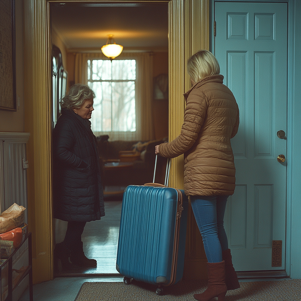 Une jeune femme traîne une énorme valise bleue dans la maison de sa mère | Source : Midjourney