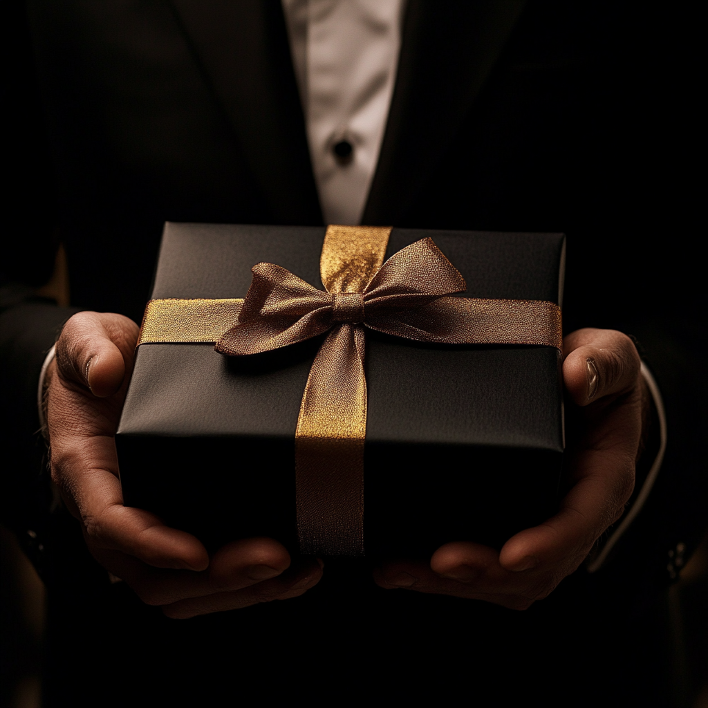 Un homme tenant un paquet cadeau | Source : Midjourney