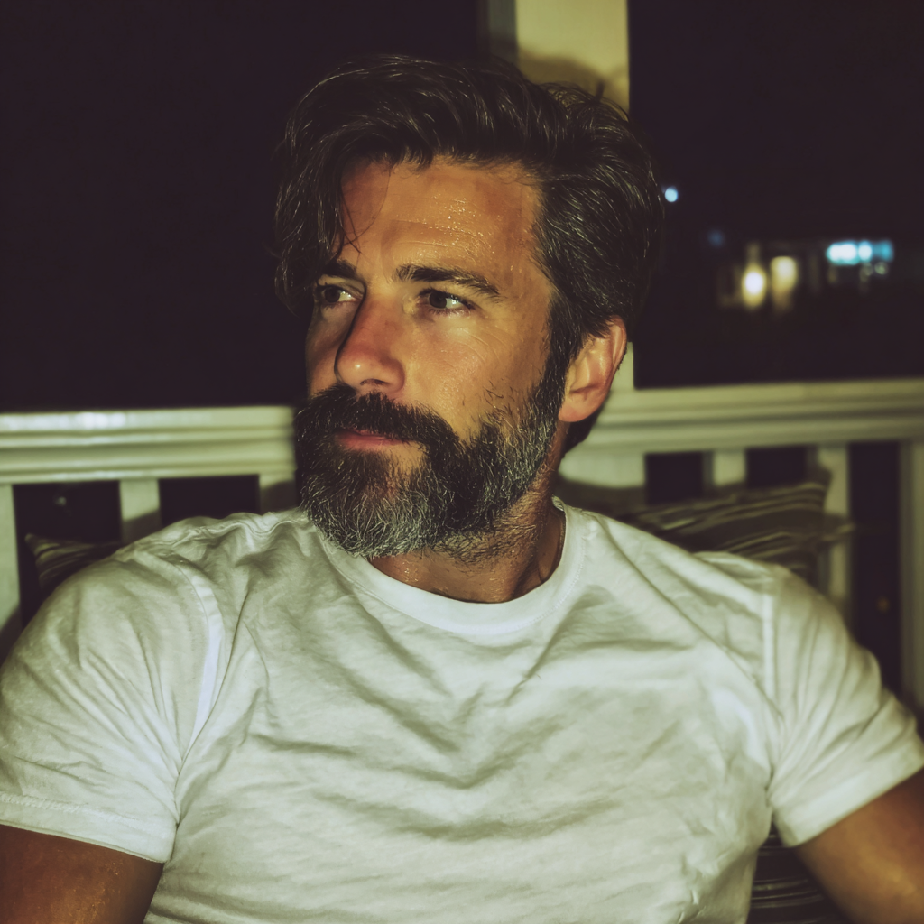 Un homme assis sur un porche la nuit | Source : Midjourney