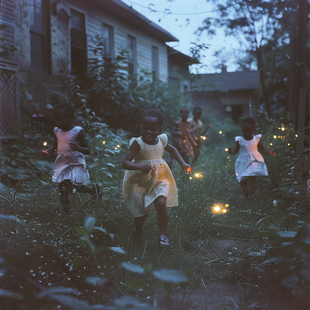 Des petites filles chassent les lucioles dans leur jardin | Source : Midjourney