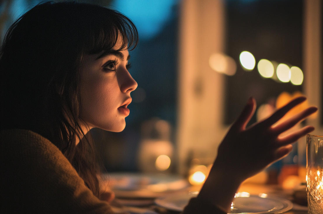 Une femme qui parle pendant le dîner | Source : Midjourney