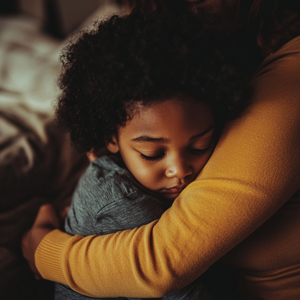 Sad boy hugging his mother | Source: Midjourney