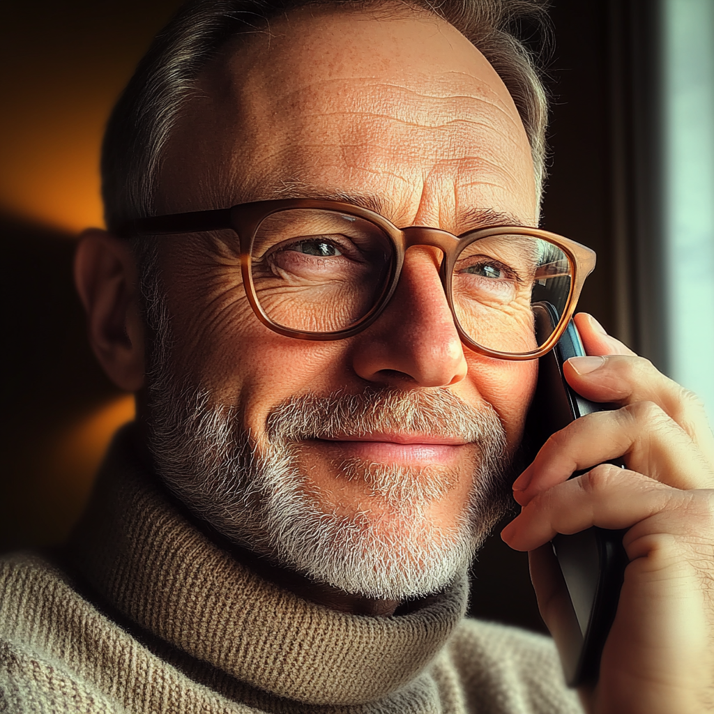 Un homme souriant qui parle au téléphone | Source : Midjourney