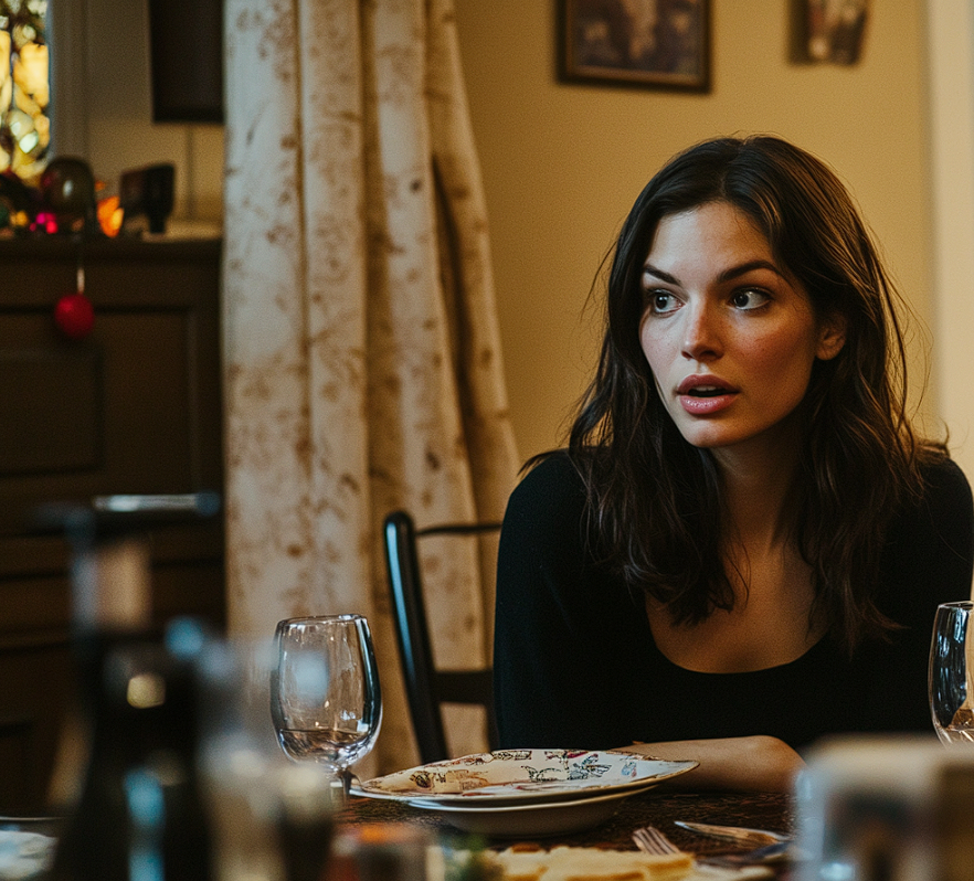 Une femme à table regardant avec incrédulité quelqu'un | Source : Midjourney