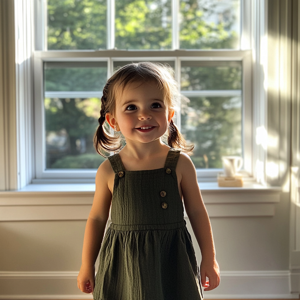 Une petite fille debout dans un salon vide | Source : Midjourney