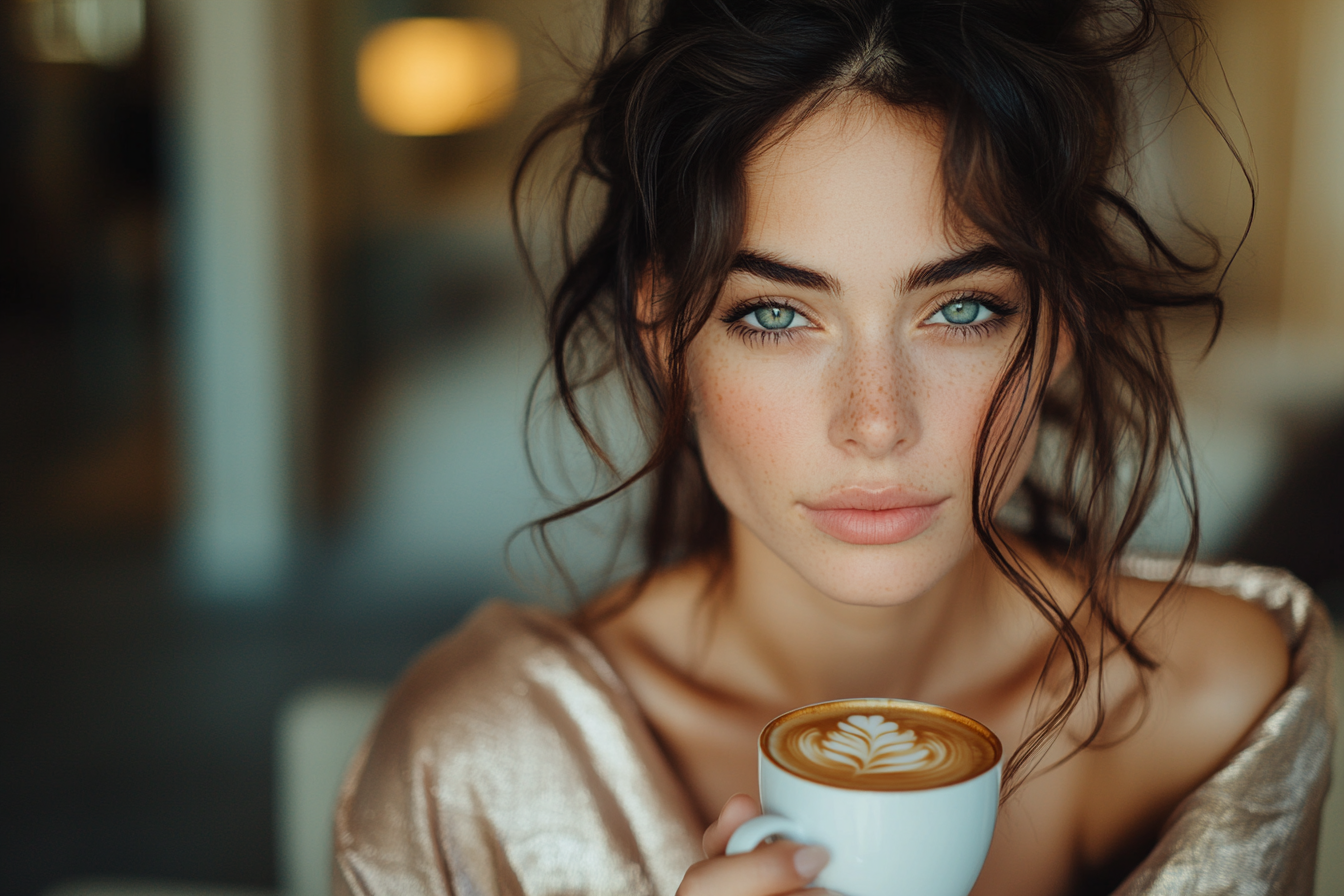 Femme en robe de chambre en soie, tenant une tasse de café dans une suite d'hôtel | Source : Midjourney